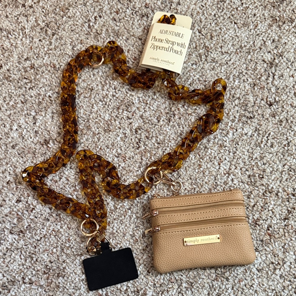 Simply Southern Beige Triple Zip Pouch with Amber Tortoiseshell Phone Strap